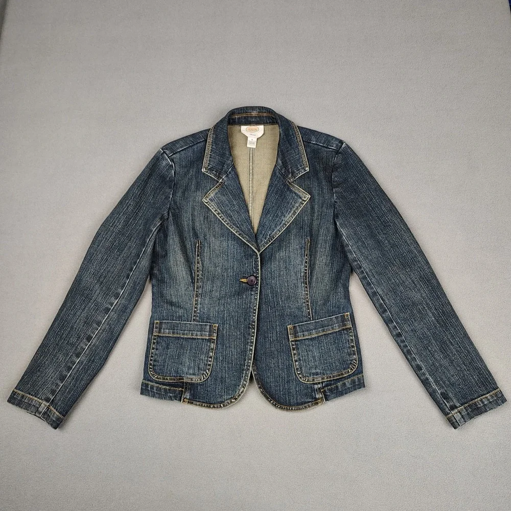 Talbots Denim Jean Jacket Women 6 Dark Blue Stretch Single Button Classy Casual‎
